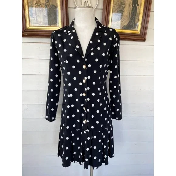 Vintage 1980s Black White Polka Dot Pleated Dress - Picture 11 of 12
